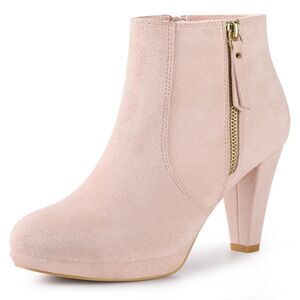Platform Round Toe Chunky Heels Ankle Boots Dust Pink